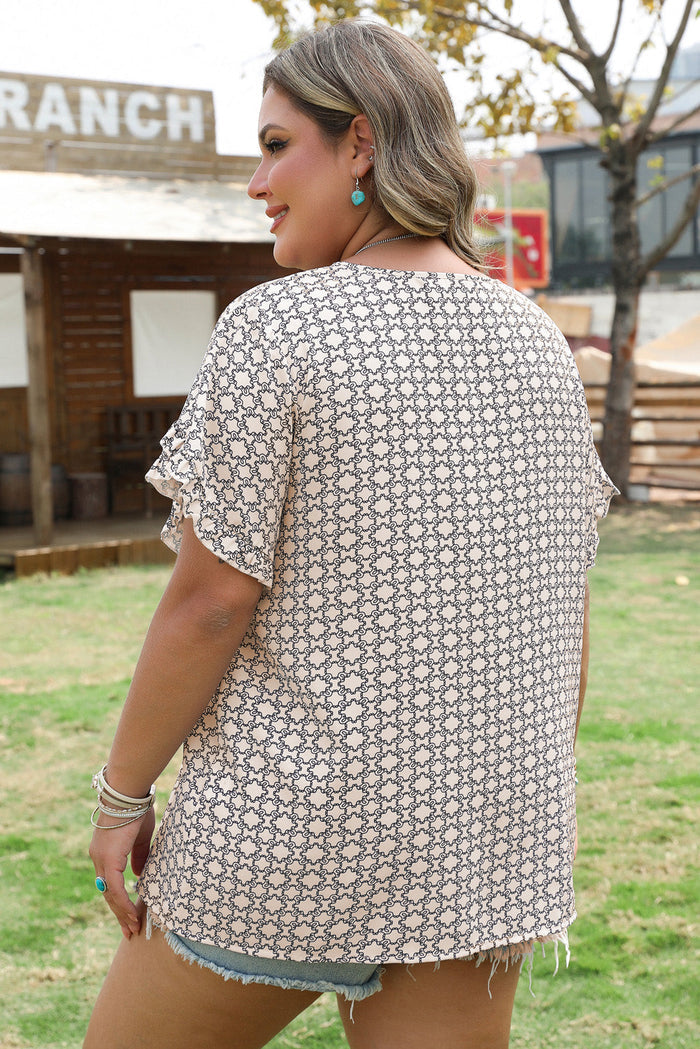 Khaki Plus Size Geometric Print Ruffled Sleeve Blouse - Size/Plus Tops/Plus Blouses & Shirts