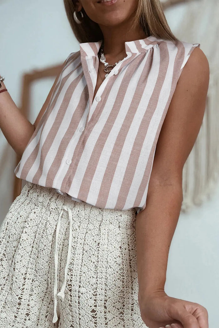 Khaki Stripe Casual Button Down Sleeveless Shirt - Tops/Blouses & Shirts