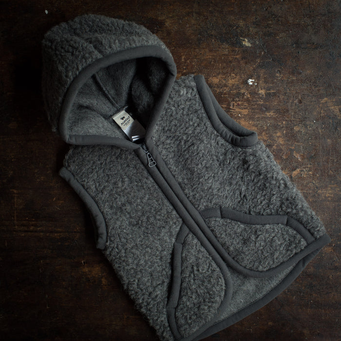 Kids Wool Teddy Fleece Hooded Zip Vest - Slate