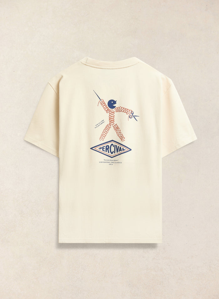 The back of the cream Percival Kingston oversized t-shirt, featuring a large repair shop character graphic artwork.