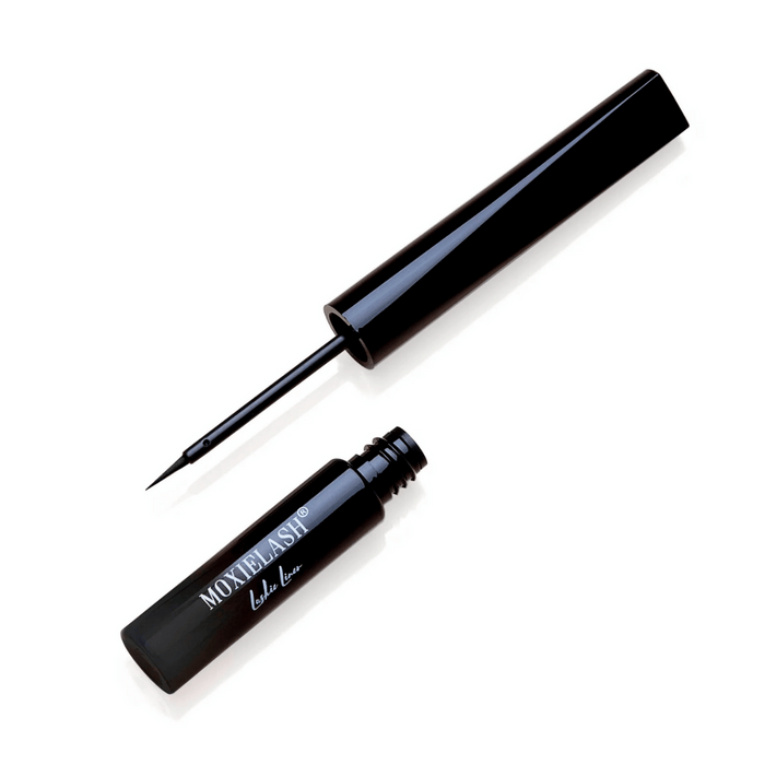 Open black liquid eyeliner with fine brush applicator and visible branding on the bottle, showcasing Lashies™ - Liner | Moxielash for precise eye makeup application.