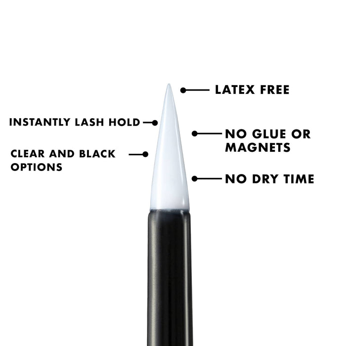 Close-up of a Lashies™ - Liner | Moxielash applicator tip highlighting features like latex free, instantly lash hold, clear and black options, no glue or magnets, and no dry time.