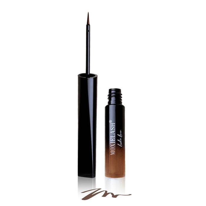 Open bottle of Lashies™ - Liner | Moxielash in sleek black and brown packaging with fine applicator brush and smooth brown eyeliner stroke on white background
