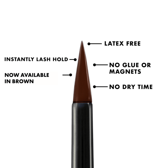 Close-up of Lashies™ - Liner | Moxielash applicator tip in brown with text highlighting features: latex free, instantly lash hold, no glue or magnets, no dry time, and now available in brown.