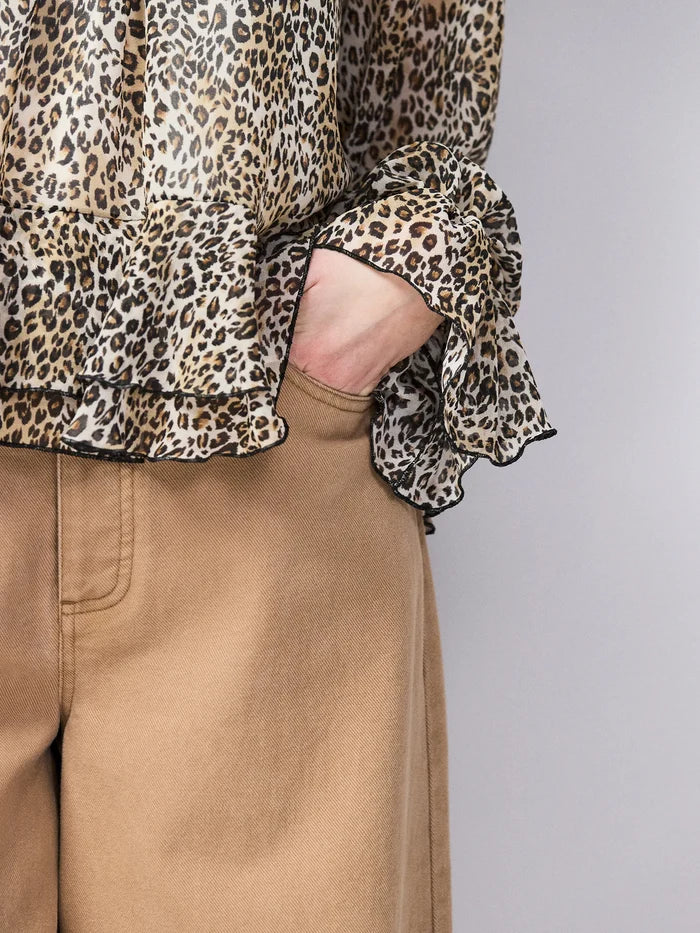 Leopard Print Ruffle Hem Chiffon Blouse