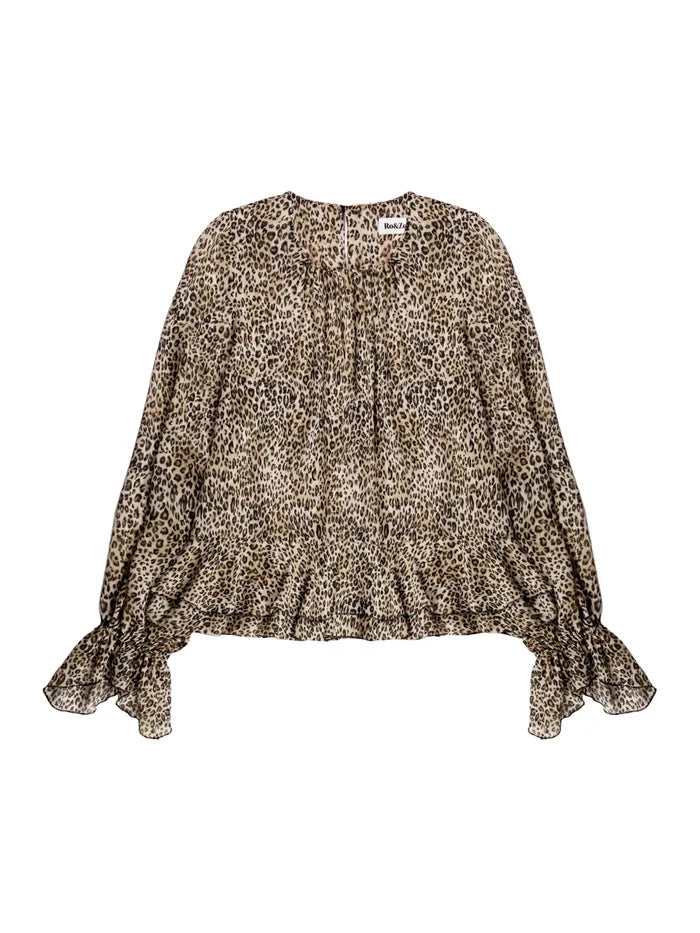 Leopard Print Ruffle Hem Chiffon Blouse