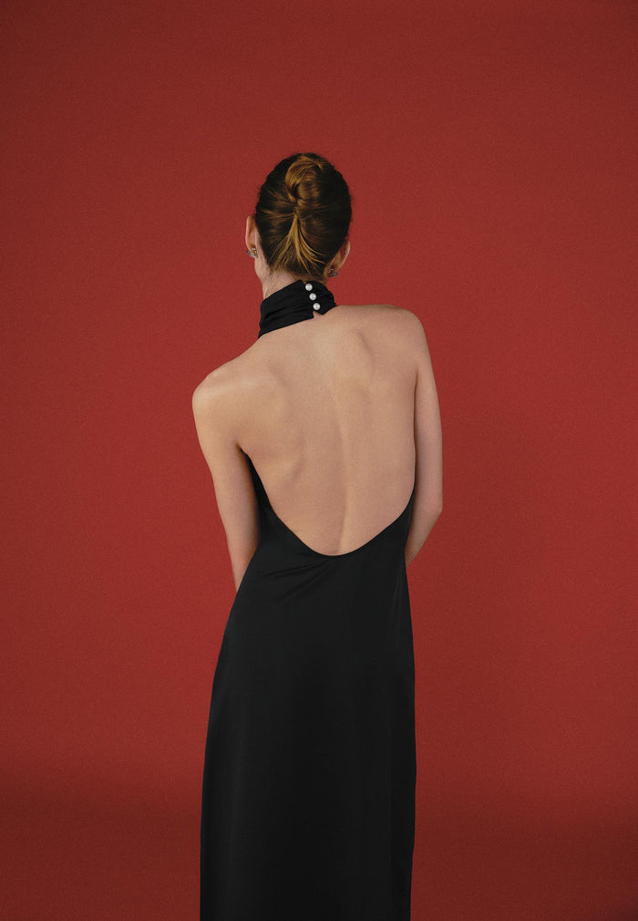 Long Dress With High Neck, Button And Slit Detail - BLACK