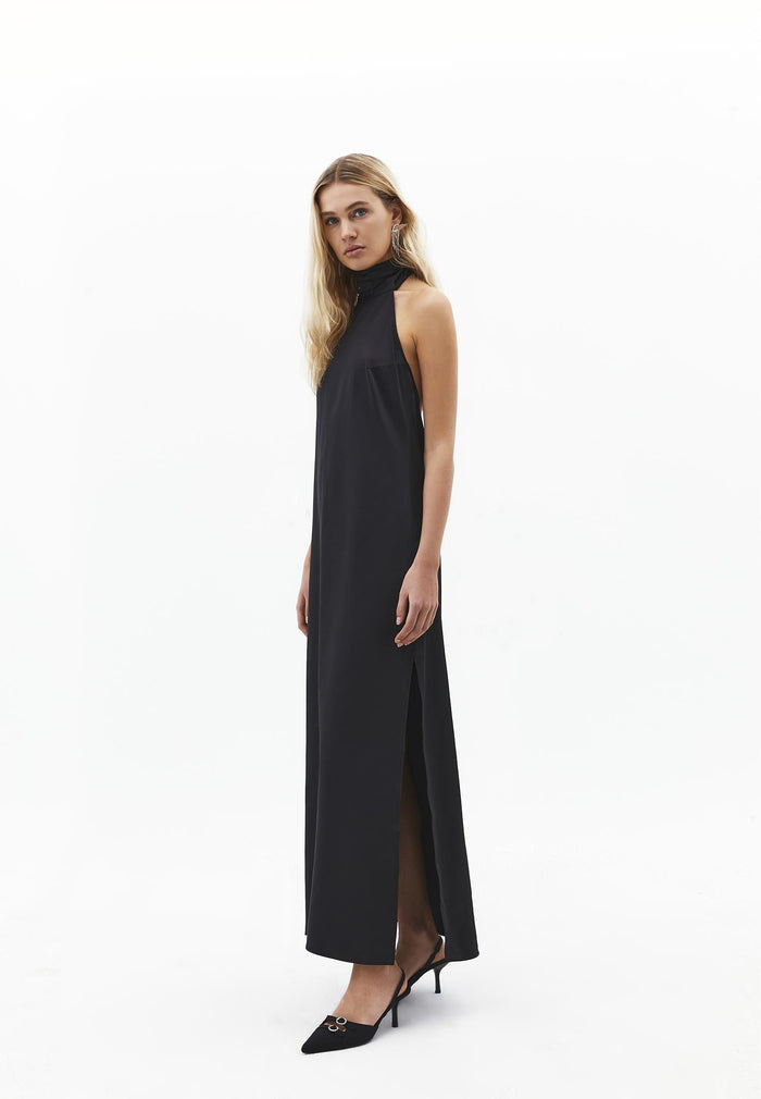 Long Dress With High Neck, Button And Slit Detail - BLACK