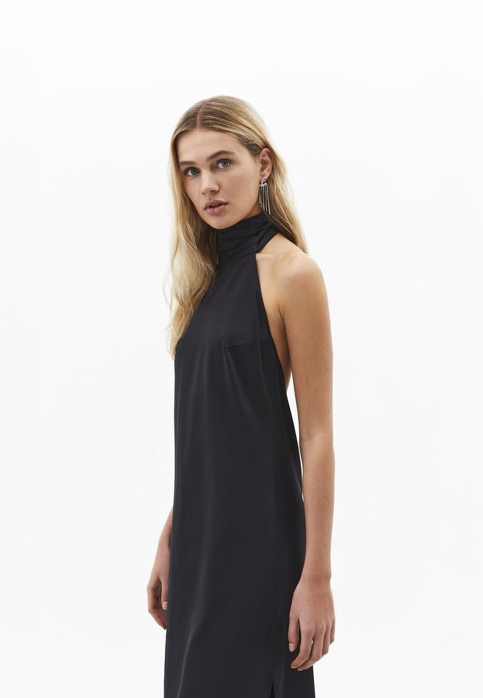 Long Dress With High Neck, Button And Slit Detail - BLACK