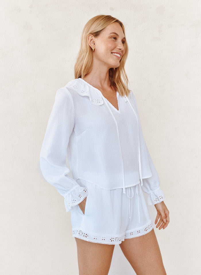 Long Sleeve Tie Neck Ruffle Top-Tops/Blouses-Uniquities