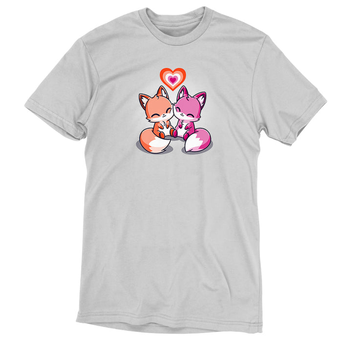 Premium Cotton T-shirt_TeeTurtle silver gray Love Out Loud apparel featuring one orange fox and one pink fox smiling and pressing their cheeks together with a pink and orange pride flag heart above them.