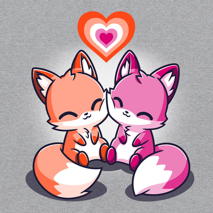 Classic Cotton T-shirt_TeeTurtle heather gray Love Out Loud apparel featuring one orange fox and one pink fox smiling and pressing their cheeks together with a pink and orange pride flag heart above them.