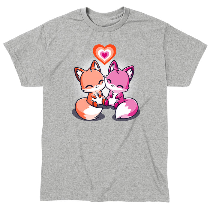 Classic Cotton T-shirt_TeeTurtle heather gray Love Out Loud apparel featuring one orange fox and one pink fox smiling and pressing their cheeks together with a pink and orange pride flag heart above them.