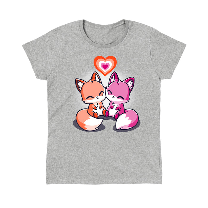 Classic Cotton T-shirt_TeeTurtle heather gray Love Out Loud apparel featuring one orange fox and one pink fox smiling and pressing their cheeks together with a pink and orange pride flag heart above them.