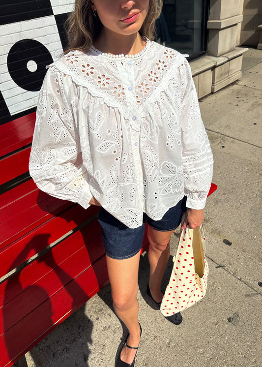 Lucy Eyelet Long Sleeve Top - Off White