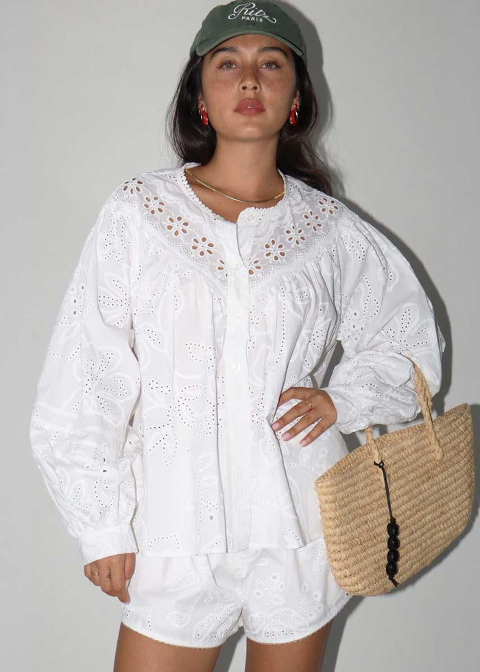 Lucy Eyelet Long Sleeve Top - Off White