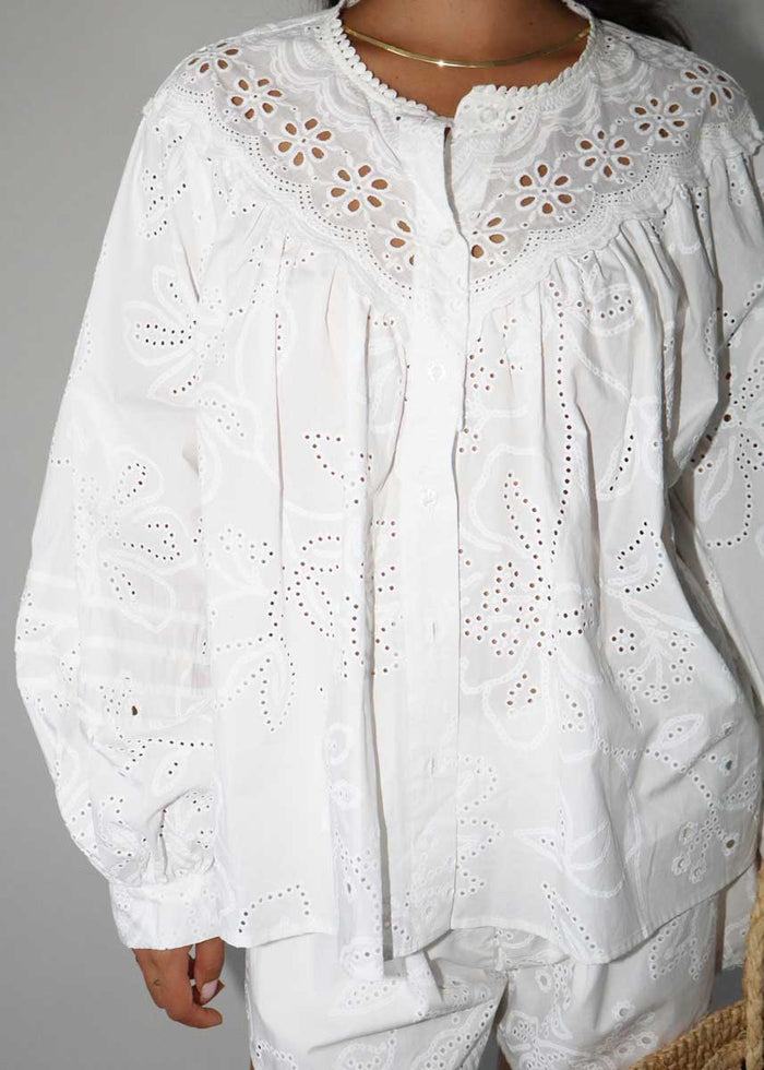 Lucy Eyelet Long Sleeve Top - Off White