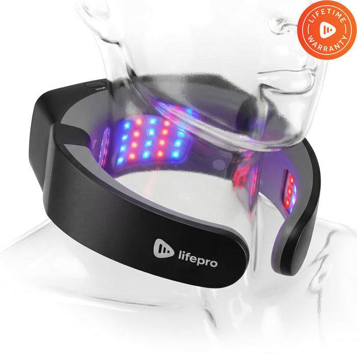 Lifepro LumiNova red light therapy neck device open on a translucent neck form, showing its row of red and blue LEDs and a Lifetime Warranty badge.