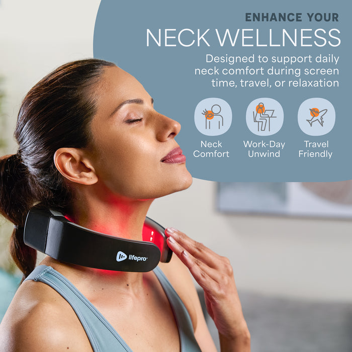 Man wearing the LumiNova neck device with the red light on, under the text Enhance Your Neck Wellness and icons for neck comfort, work-day unwind, and travel-friendly use.