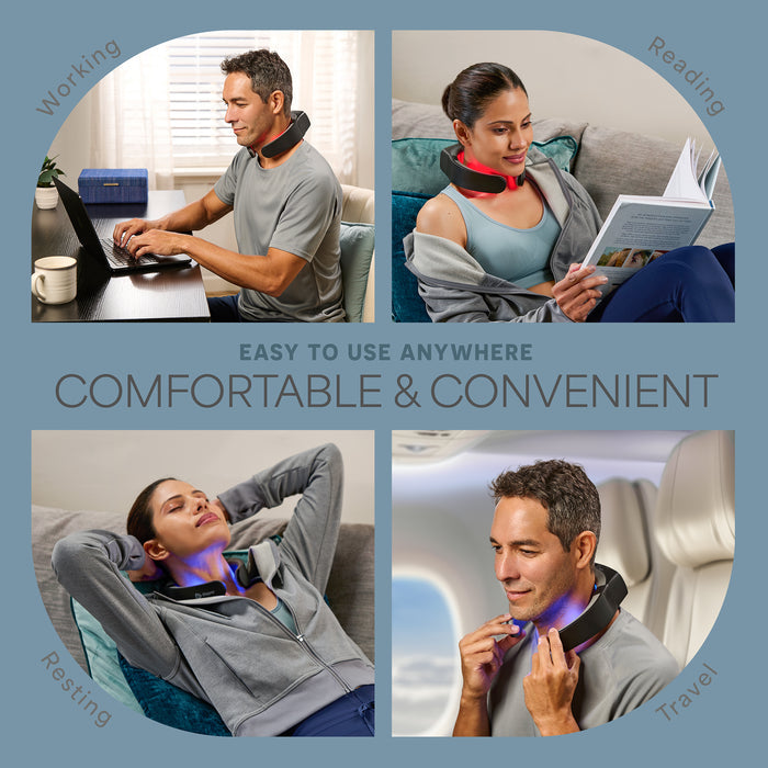 Four-photo grid of the LumiNova neck device worn while working at a laptop, reading, resting on a couch, and traveling on a plane, captioned Comfortable & Convenient.