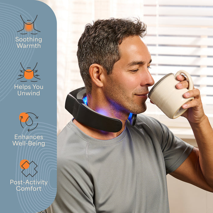 Man drinking from a mug while wearing the LumiNova device with its blue light on, next to icons for soothing warmth, unwinding, and post-activity comfort.