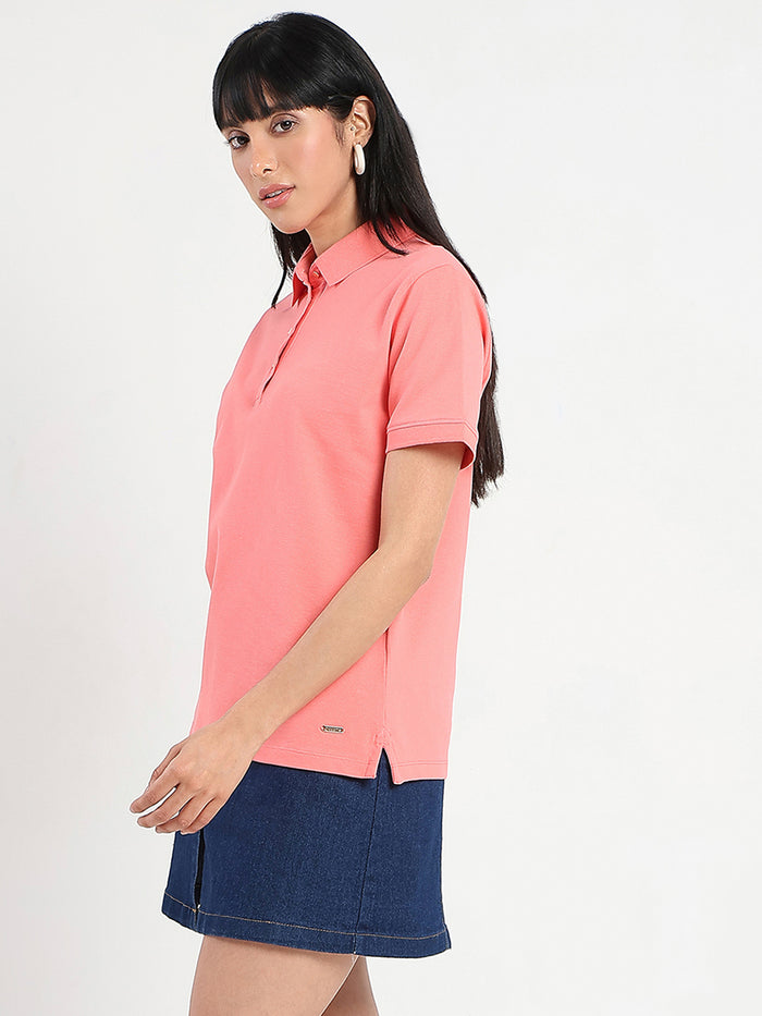 Madame Collared Solid Coral Cotton Blend Polo T-Shirt