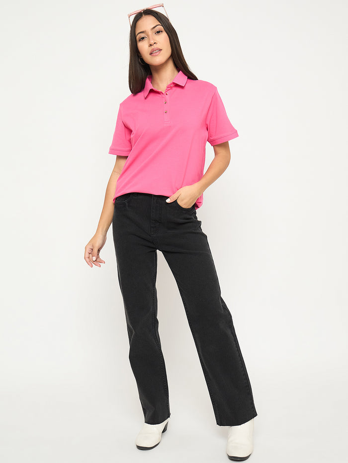 Madame Cotton Blend Solid Pink Polo T-shirt