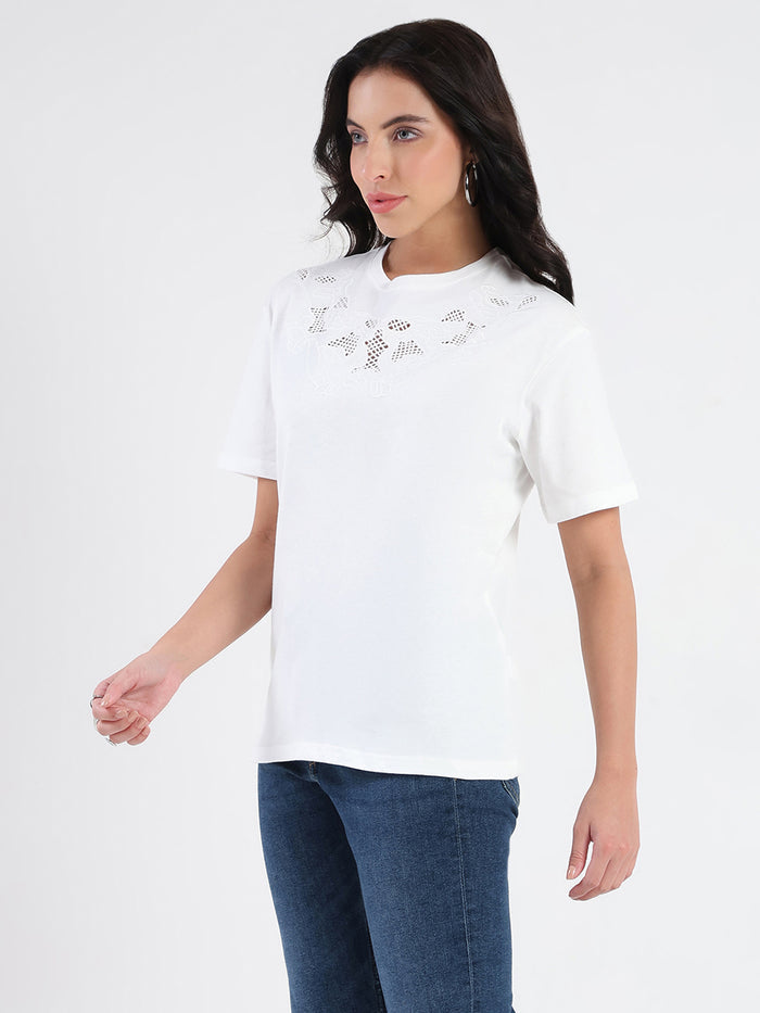 Madame Embroidered Round Neck White Cotton Lycra T-shirt