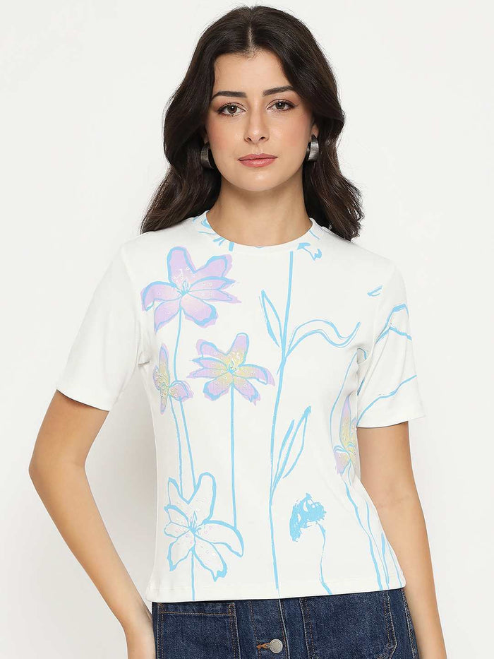 Madame Floral Print Sequin Detailed White T-Shirt