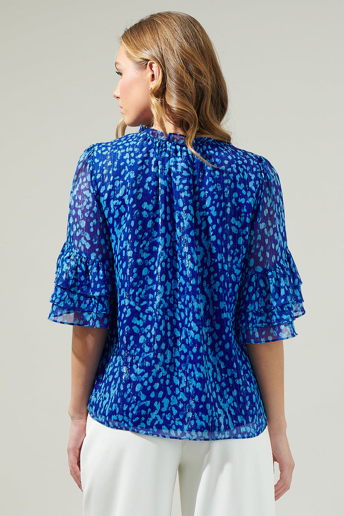 Madeira Abstract Break Room Split Neck Ruffle Blouse