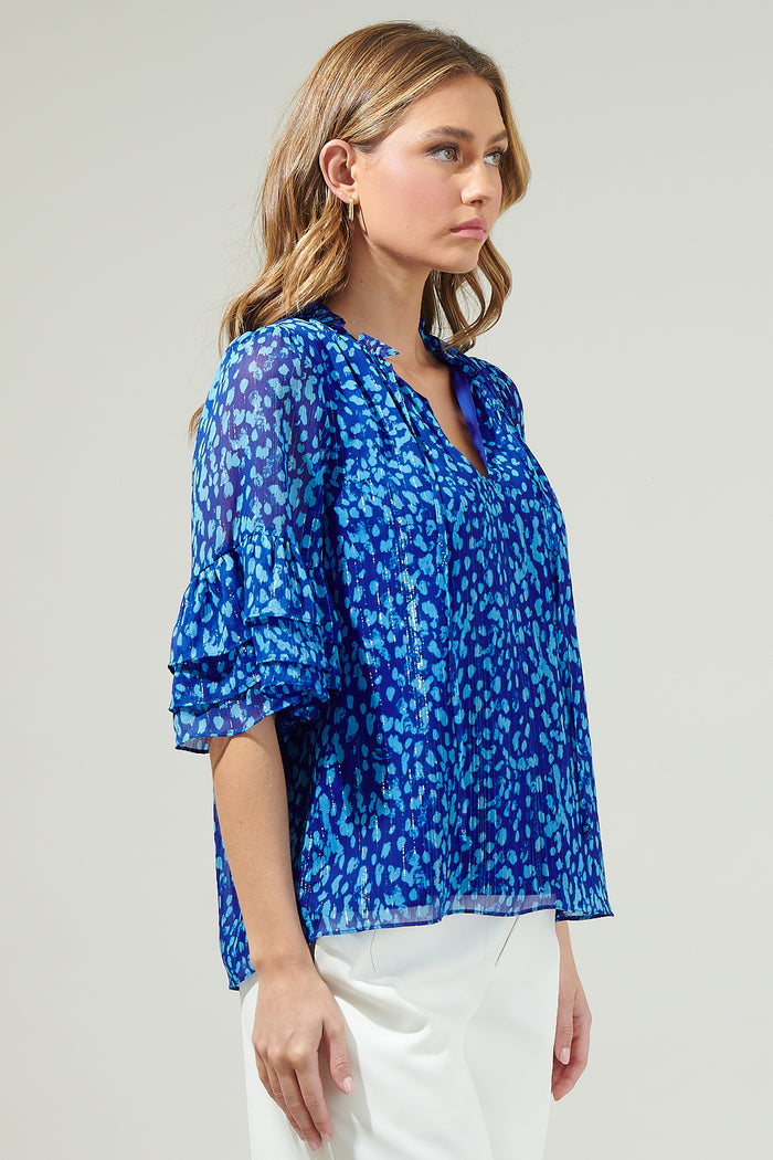 Madeira Abstract Break Room Split Neck Ruffle Blouse