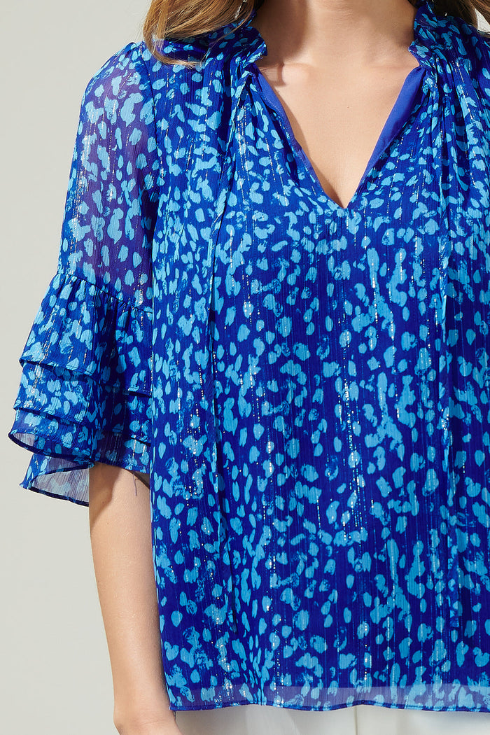 Madeira Abstract Break Room Split Neck Ruffle Blouse