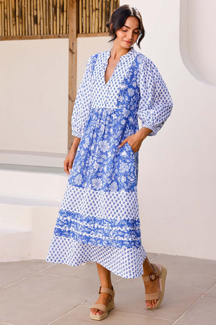 Martha Organic Cotton Print Mix Dress | Cobalt/White