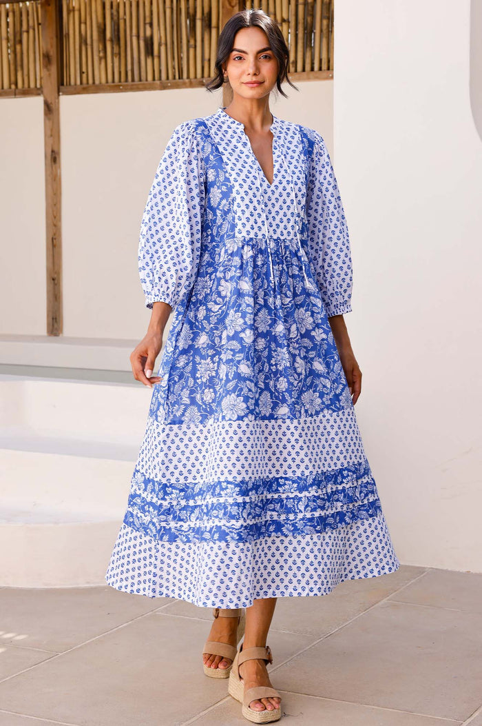 Martha Organic Cotton Print Mix Dress | Cobalt/White