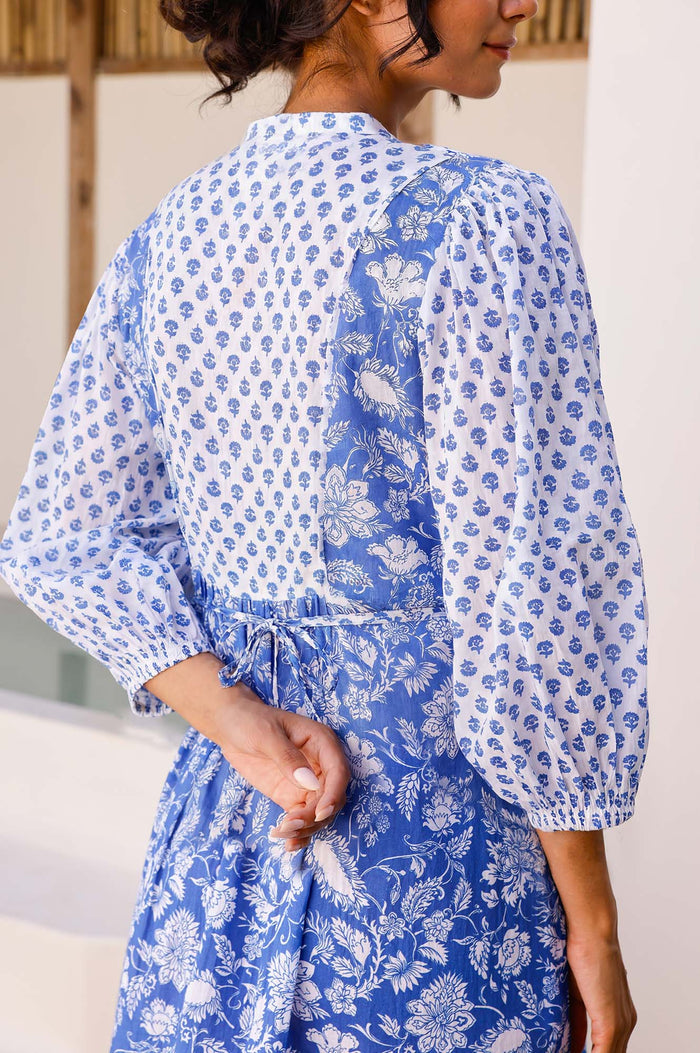Martha Organic Cotton Print Mix Dress | Cobalt/White