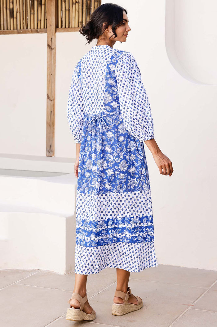 Martha Organic Cotton Print Mix Dress | Cobalt/White