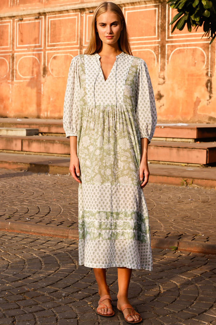 APPROVED * Martha Organic Cotton Print Mix Dress | Sage/White - Aspiga