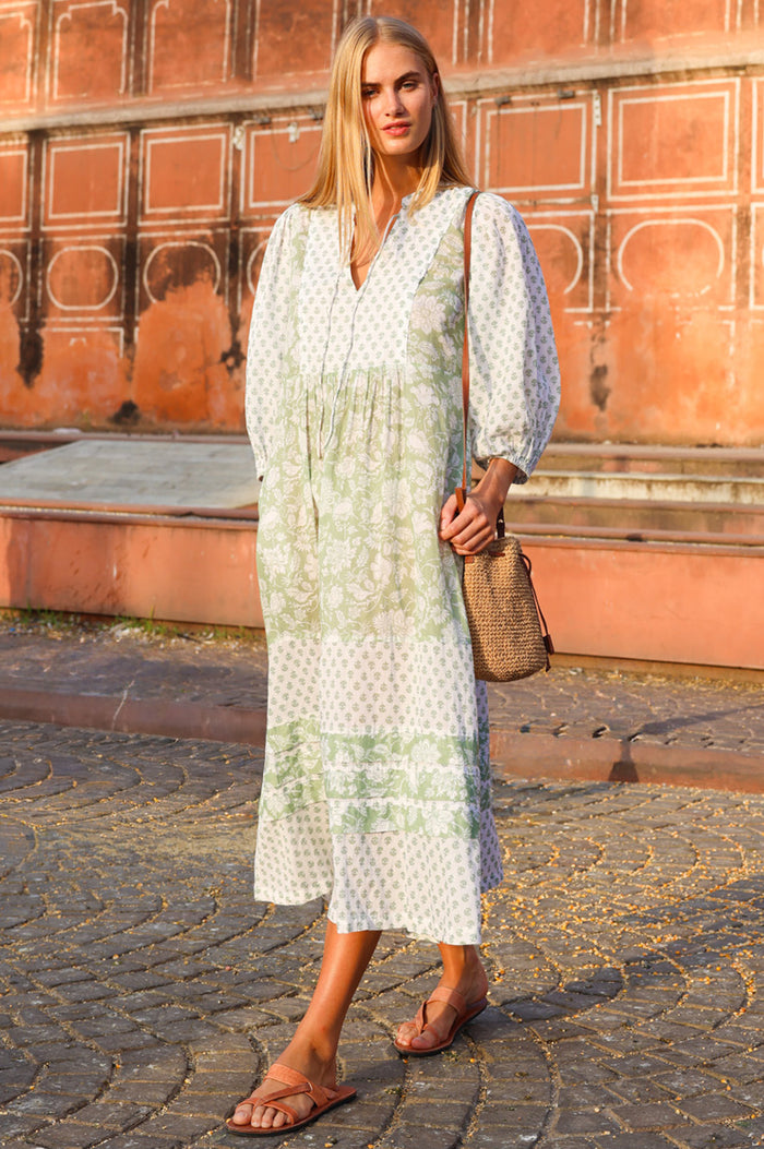 APPROVED * Martha Organic Cotton Print Mix Dress | Sage/White - Aspiga