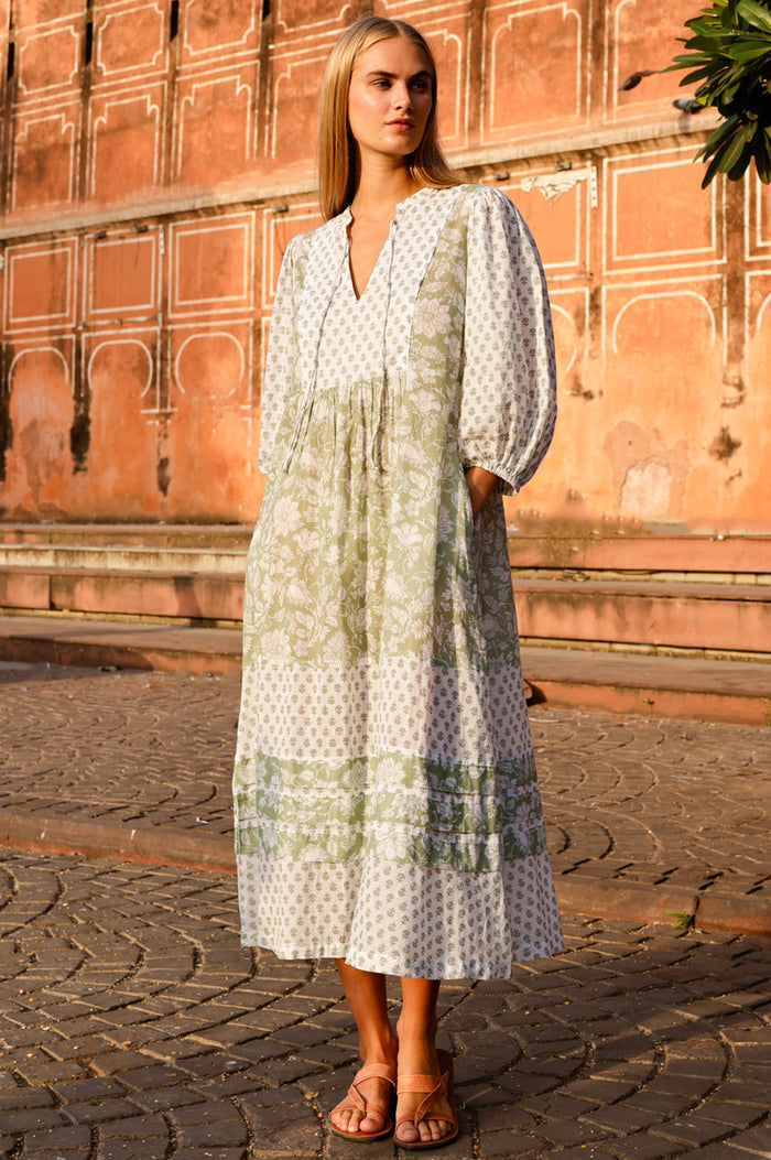 APPROVED * Martha Organic Cotton Print Mix Dress | Sage/White - Aspiga