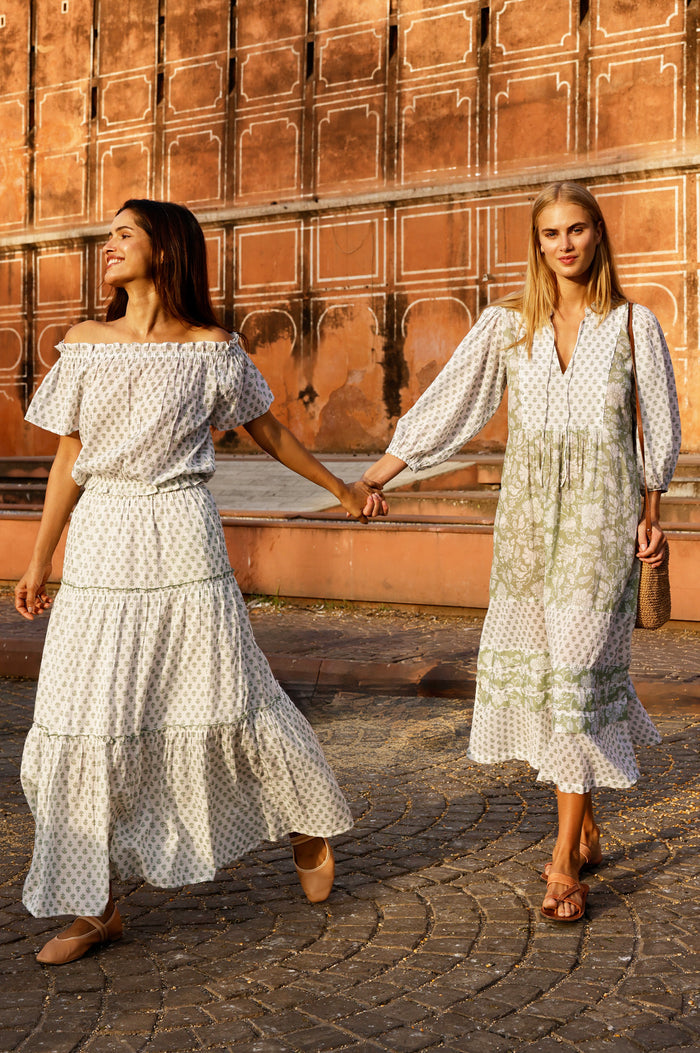 APPROVED * Martha Organic Cotton Print Mix Dress | Sage/White - Aspiga