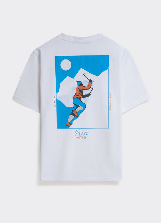The white Percival Match T-shirt, showing the back with a large mountaineer graphic and vintage matchbox-style branding.