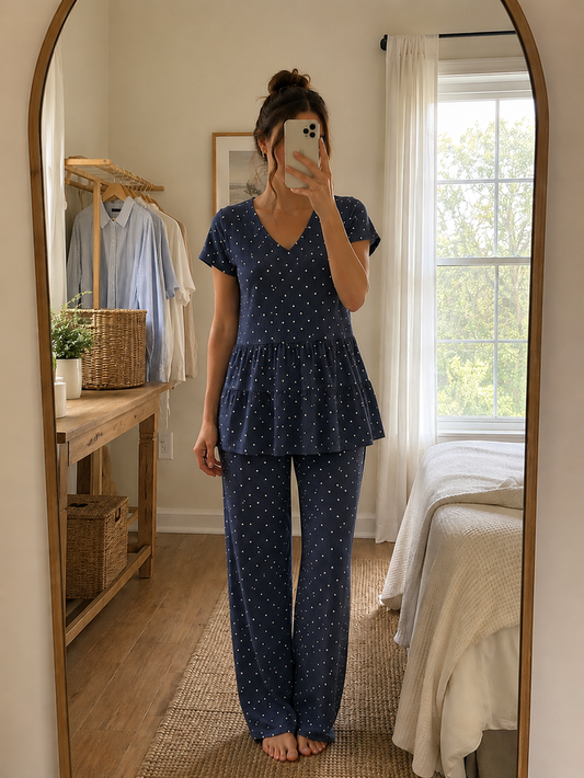 Close-up of premium navy blue ribbed cotton fabric with white polka dot print used for women's nightwear and lounge sets by Irah Vastra.