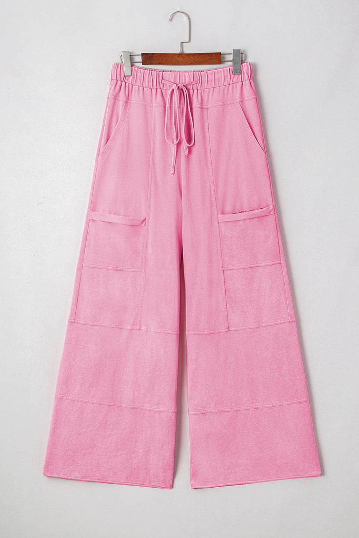 Mineral Wash Exposed Seam Drawstring High Waist Wide Leg Cargo Trousers - Pink / S - Bottoms/Wide