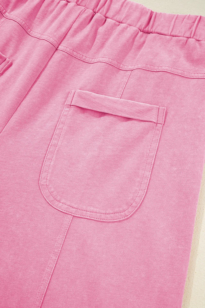 Mineral Wash Exposed Seam Drawstring High Waist Wide Leg Cargo Trousers - Bottoms/Wide