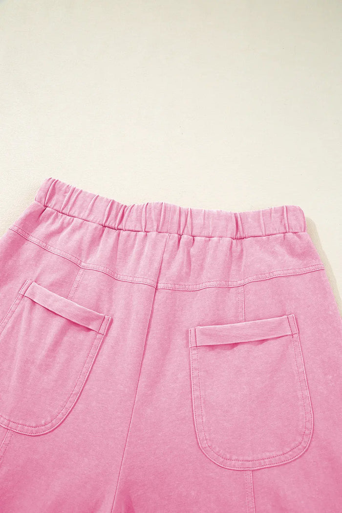 Mineral Wash Exposed Seam Drawstring High Waist Wide Leg Cargo Trousers - Bottoms/Wide