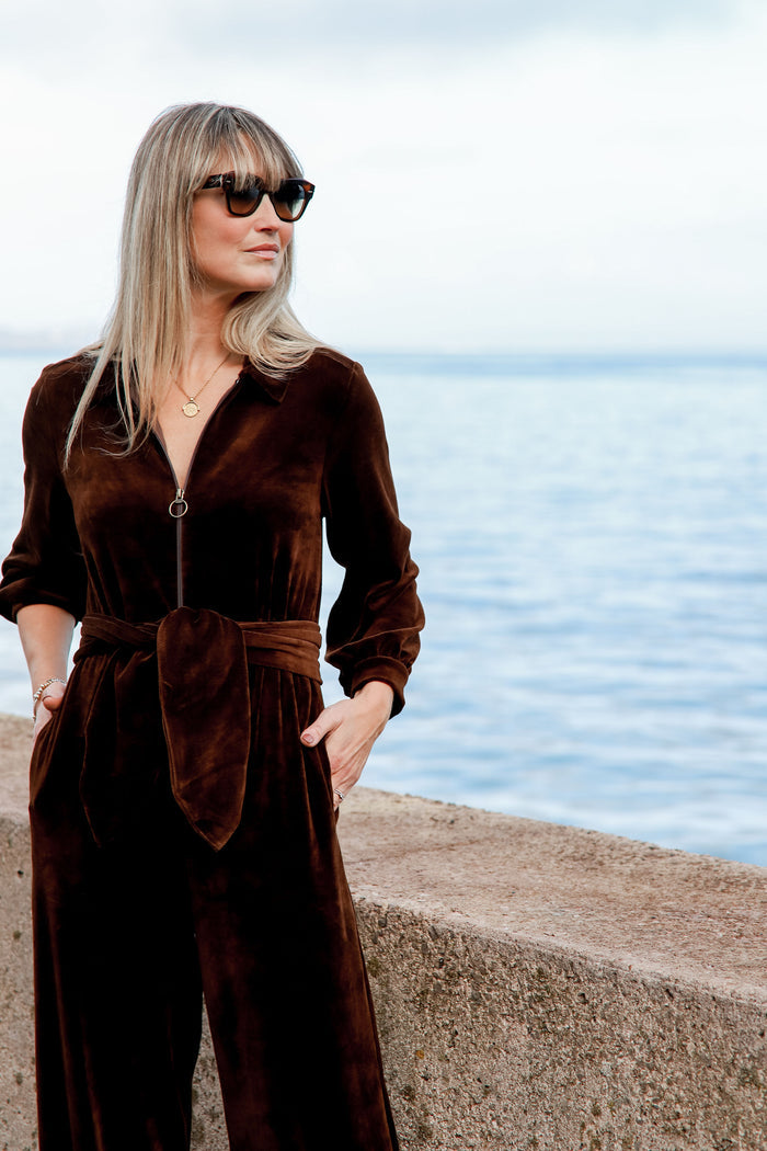 "Mitty" Wide Leg Jumpsuit - Stretch Cotton Velvet | Chocolate Brown