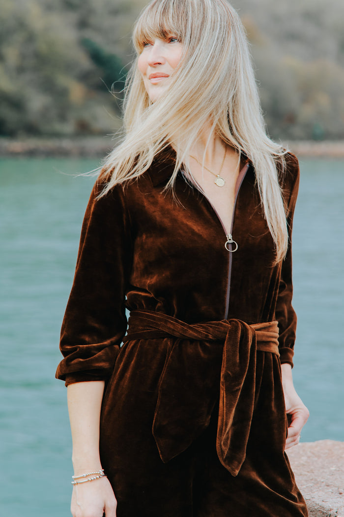 "Mitty" Wide Leg Jumpsuit - Stretch Cotton Velvet | Chocolate Brown