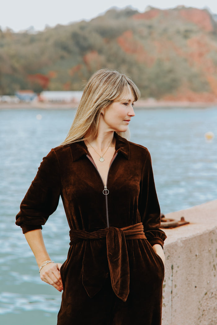 "Mitty" Wide Leg Jumpsuit - Stretch Cotton Velvet | Chocolate Brown