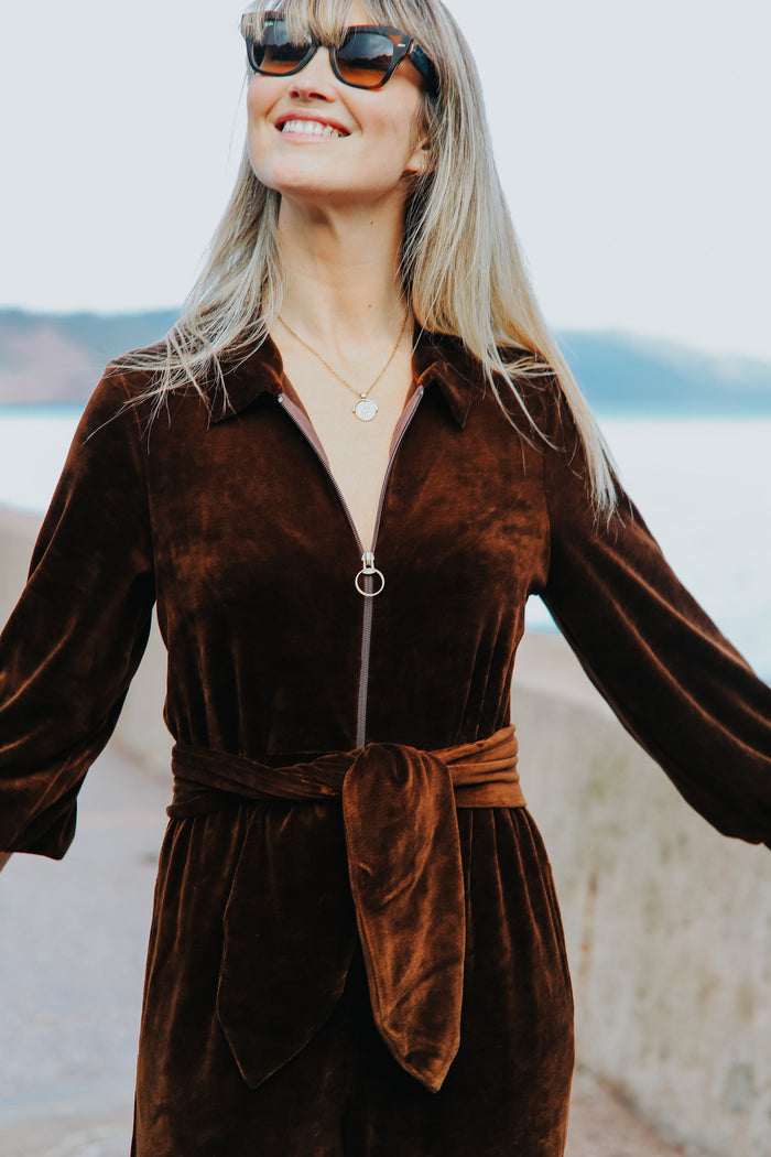 "Mitty" Wide Leg Jumpsuit - Stretch Cotton Velvet | Chocolate Brown