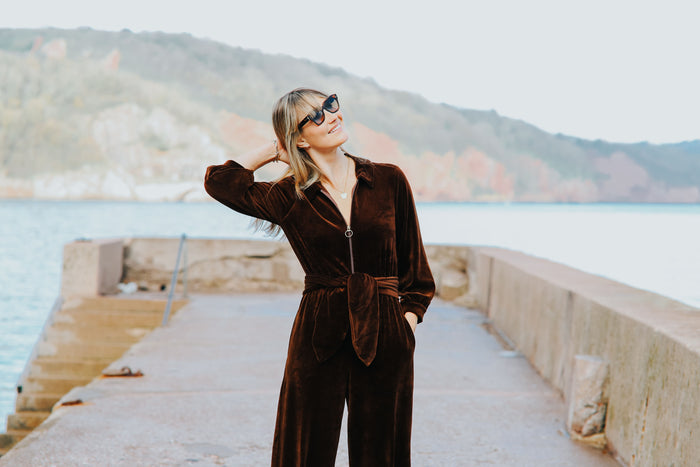 "Mitty" Wide Leg Jumpsuit - Stretch Cotton Velvet | Chocolate Brown